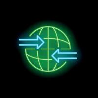 Neon green globe with two blue arrows pointing in opposite directions vector