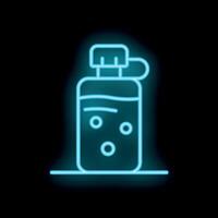 Blue neon sign of reusable water bottle with bubbles on black background vector