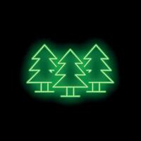 Green neon sign depicting three evergreen trees on black background vector