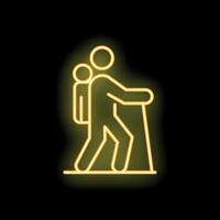 Neon sign of a person hiking with a backpack and walking stick vector