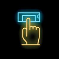 Neon icon of hand pressing button on black background vector