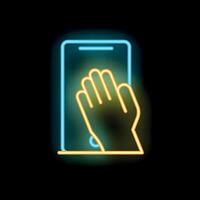 Neon icon of hand interacting with smartphone screen vector