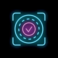 Neon sign showing a checkmark in a circle inside a viewfinder vector
