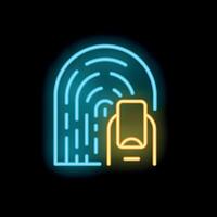 Neon icon of finger touching smartphone for fingerprint scan vector