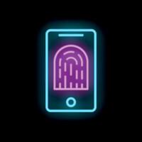 Neon smartphone displaying fingerprint for secure access vector