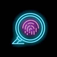 Neon magnifying glass investigating fingerprint icon on black background vector