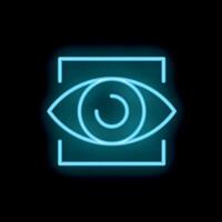 Glowing blue neon sign showing an eye inside a square vector