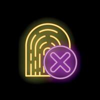 Neon sign showing fingerprint with cross mark on black background vector