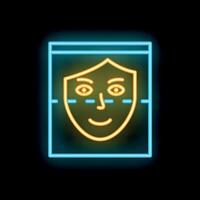 Neon icon of face recognition system scanning a person identity vector