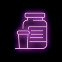 Glowing neon sign of a jar of whey protein with a measuring cup vector