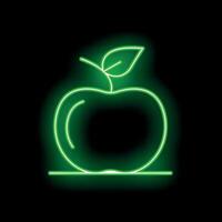 Green neon sign showing an apple with a leaf on black background vector