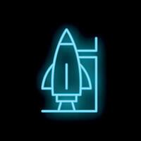 Neon blue rocket launching from platform icon vector