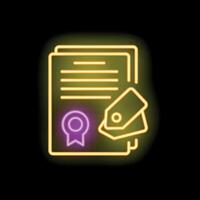Neon icon of documents with stamp and tags representing official papers vector