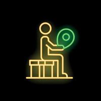 Stick figure sitting on bench holding location pin neon sign vector