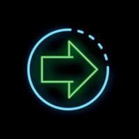 Neon green arrow pointing right inside blue circle on black background vector