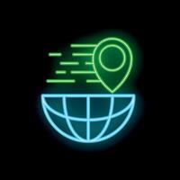 Neon green location pin icon moving around the world on black background vector