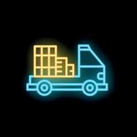 Glowing neon line delivery truck carrying boxes icon illustration on dark background vector