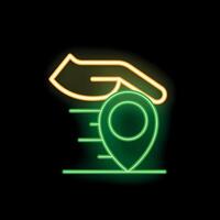 Neon style icon of a hand holding a moving location pin vector
