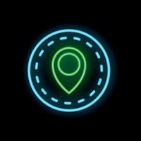 Neon green location pin icon surrounded by blue circle on black background vector