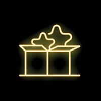Neon open gift box with stars coming out on black background vector