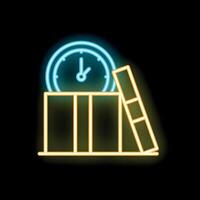Neon sign representing clock standing on warehouse with open door vector