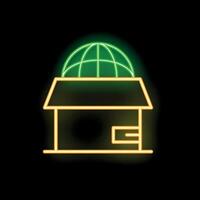 Neon glowing icon of a cardboard box with a world grid appearing from inside vector