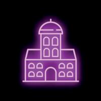 Neon sign of building with tower and arched windows on black background vector