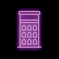 Neon sign of a building with arched windows glowing purple on black background vector