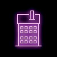 Neon sign representing an apartment building with square windows and a chimney on its roof on a black background vector
