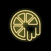 Neon sign of a melting orange slice with juice dripping down on black background vector
