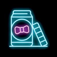 Neon sign of a soda can with a bow tie and a chocolate bar on black background vector