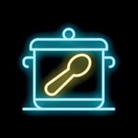 Neon sign of saucepan with spoon glowing on black background vector