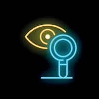 Neon icon of magnifying glass observing with one eye open on black background vector