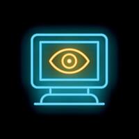 Neon icon of computer screen showing eye symbol for online surveillance vector