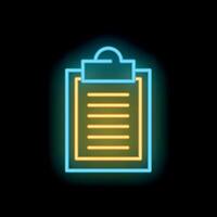 Neon sign of a clipboard with a blank document for writing a list or contract on a black background vector