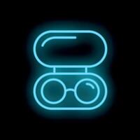 Glowing neon icon of eyeglasses in open case on black background vector