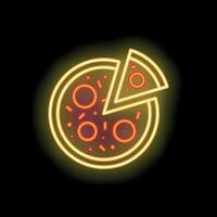 Glowing neon sign of pizza with a slice cut out on black background vector
