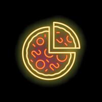 Glowing neon sign of pizza with one slice separated on black background vector