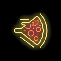 Neon sign showing pizza slice with motion lines on black background vector