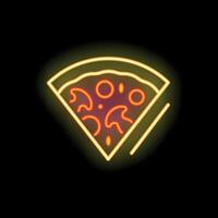 Glowing neon sign showing a slice of pizza with mushrooms and pepperoni on a black background vector