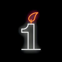 Neon number one candle burning with flame on black background vector