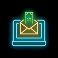 Neon sign of online payment with envelope and banknote coming from laptop screen vector