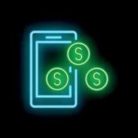 Neon sign representing mobile payment with smartphone and coins vector