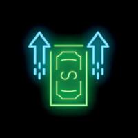 Neon green dollar bill increasing with blue up arrows on black background vector
