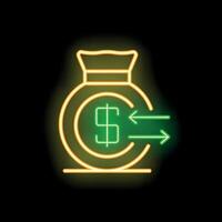 Neon sign representing money transferring with dollar symbol inside money bag on black background vector