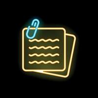 Neon icon of paper documents attached with paperclip glowing on dark background vector