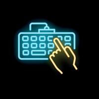 Hand typing on keyboard with smartphone on top neon style icon vector