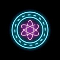 Glowing neon sign depicting atom symbol in circle on black background vector