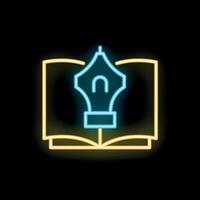 Neon icon of nib pen standing on open book representing writing vector