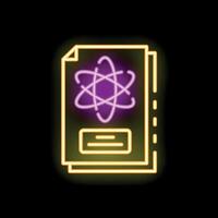 Neon icon of physics science book with atom symbol cover vector